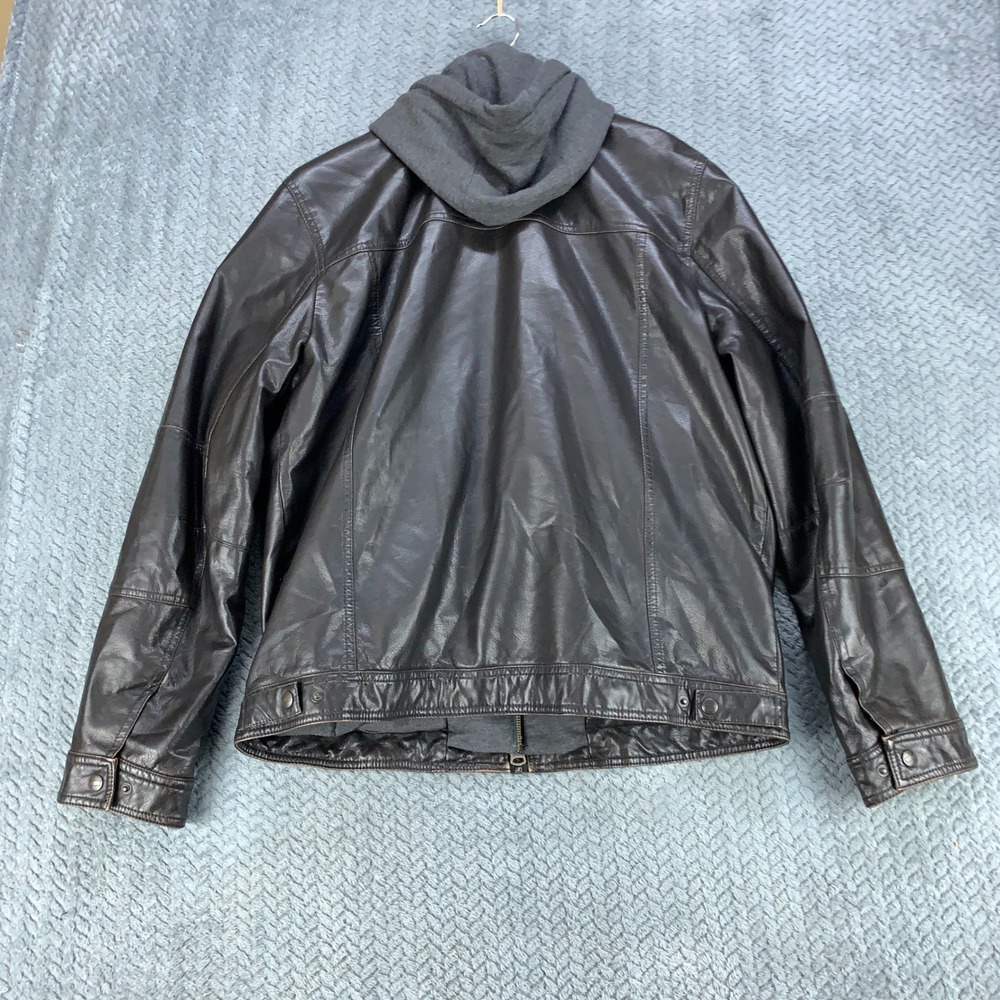 Levis Faux Leather Hooded Trucker Jacket Men's Large Dark Brown Fleece Lined - Picture 2 of 13